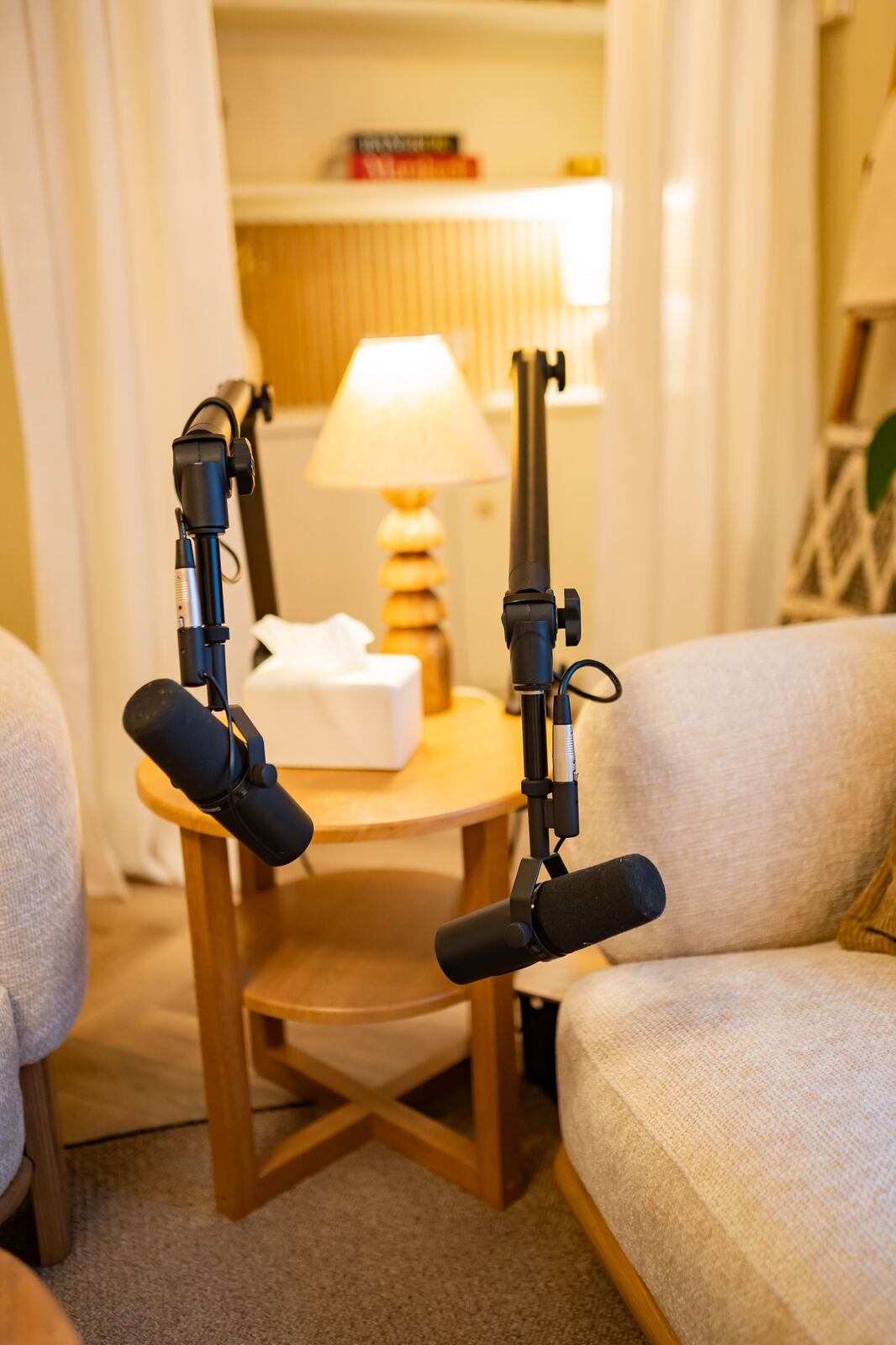 Professional Shure microphone detail, podcast-led authority production